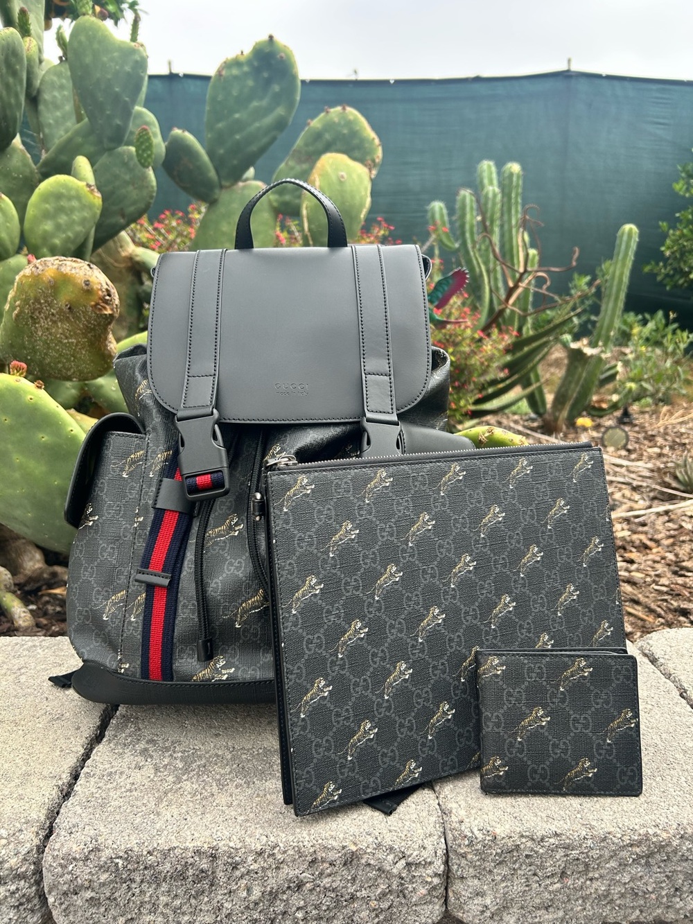 Gucci Tiger Backpack with Pouch & Card Holder Fathers Day Gift Bundle